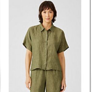 Eileen Fisher Washed Organic Linen Delave Short-Sleeve Shirt
